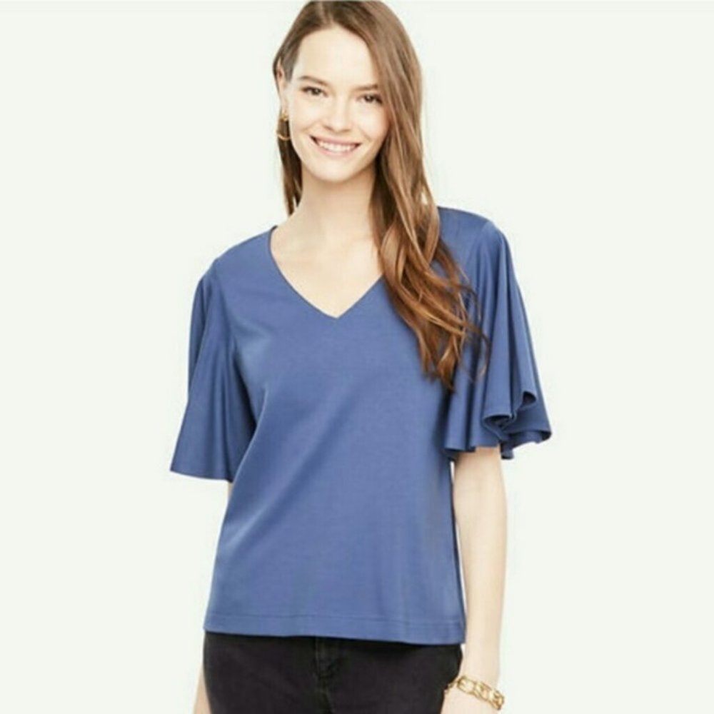 Ann Taylor Blue V-Neck with Angel Sleeves Top | Size M